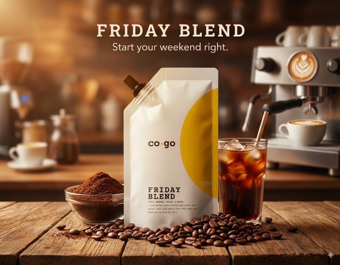 A CoGo Friday Blend pouch beside a tall glass of iced coffee